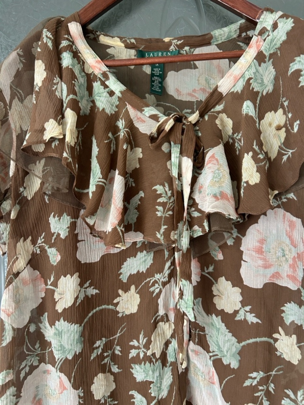 Lauren Ralph Lauren Irina Silk Floral Cocoa Blouse with Brown Shell-Size 1X